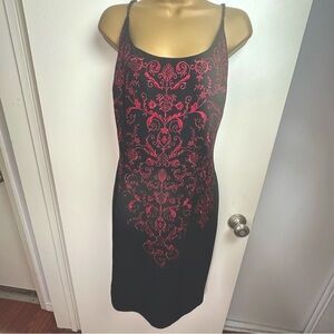 Maggy London Vintage Y2K Black‎ W/Red Artsy Embroidery Whimsy-Goth Dress Size 12